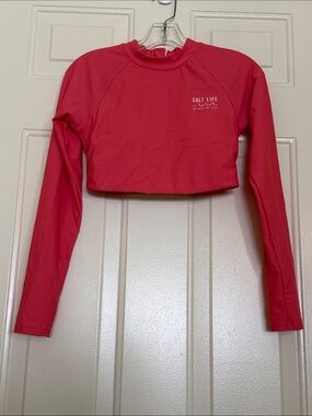 Salt Life Coral Pink Long Sleeve Cropped Rash Guard Swim Top UPF Med